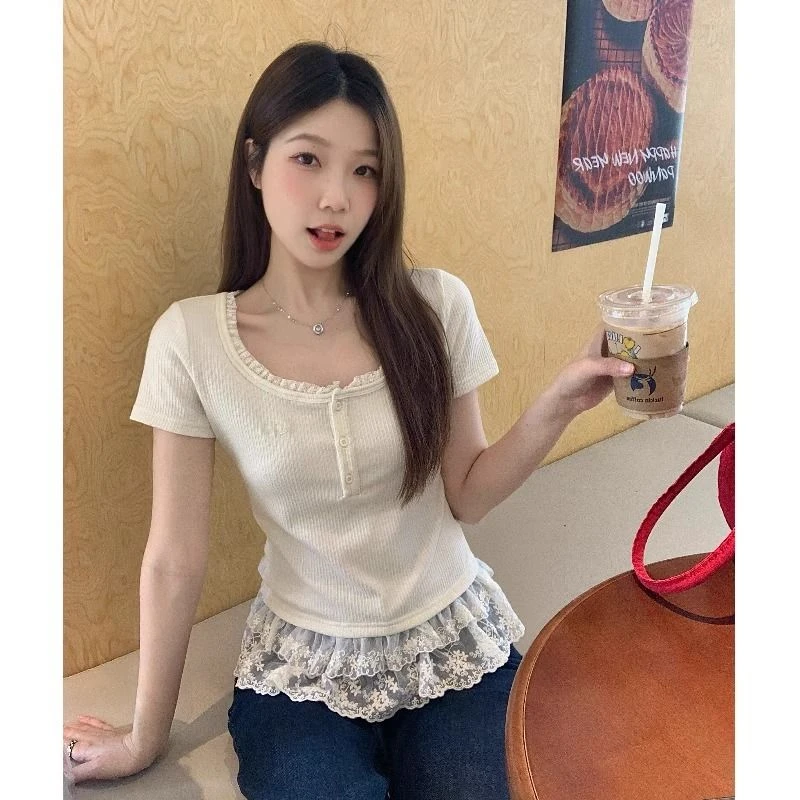 大码蕾丝拼接短袖T恤女夏季新款假两件设计感修身显瘦短款上衣服