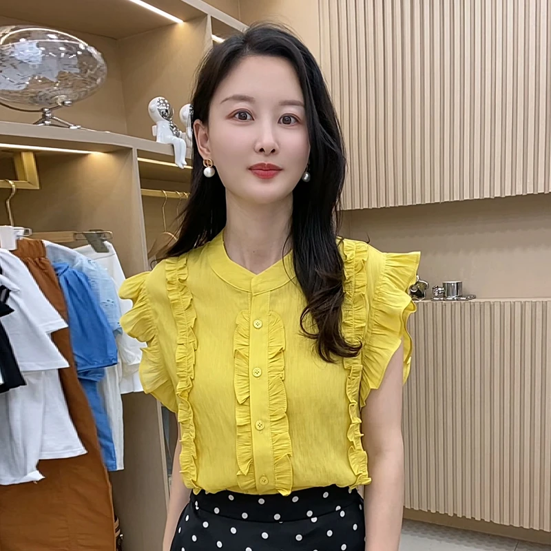 木耳边拼接飞飞袖衬衫女2025夏季新款时尚设计感洋气减龄小衫上衣