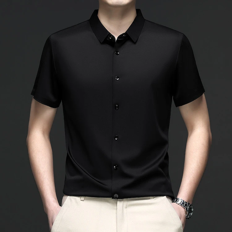 夏季短袖衬衫冰丝透气薄款面料 弹力120支纱线男士无痕衬衣抗皱