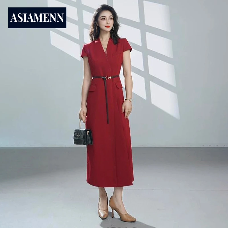 高级感红色V领职业连衣裙夏季优雅气质收腰正式场合优雅端庄长裙
