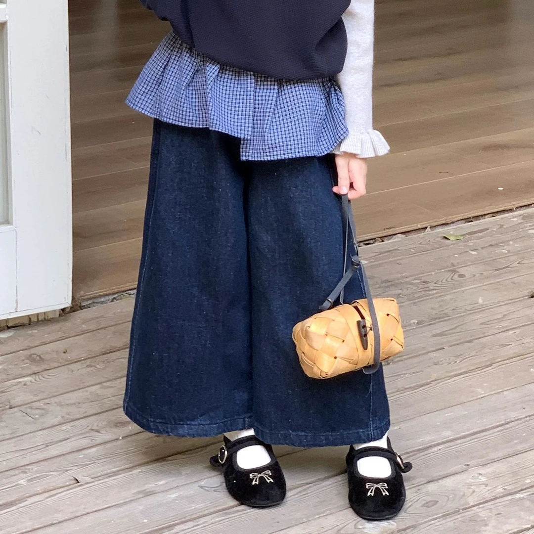 女童秋季新款牛仔裤洋气宽松阔腿裤女宝宝格子屁帘牛仔休闲裤