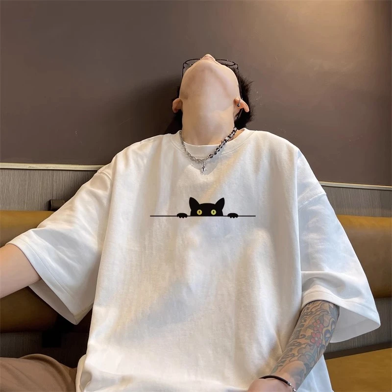 ins港风小众黑猫230g纯棉短袖t恤男休闲潮牌重磅宽松学生半袖夏款