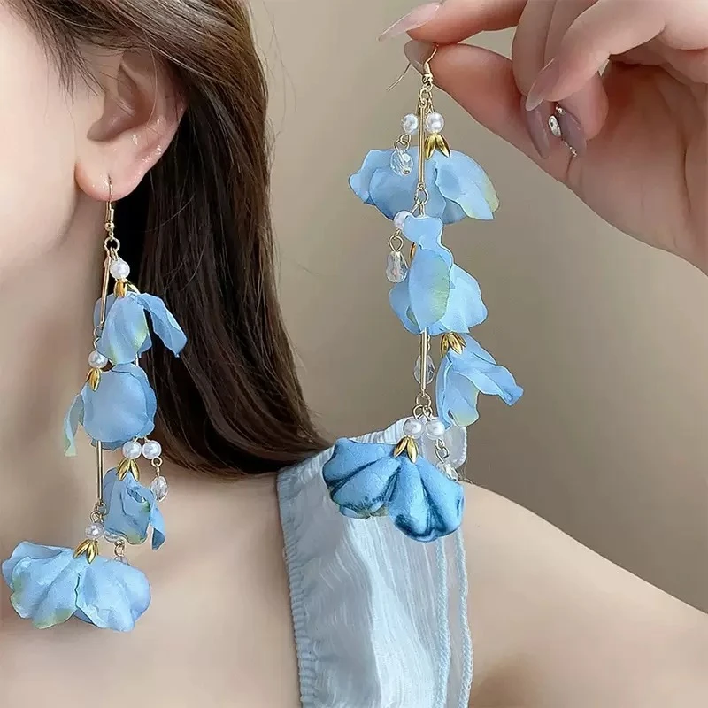 森系蓝色渐变花朵珍珠流苏长款耳环大流苏耳环