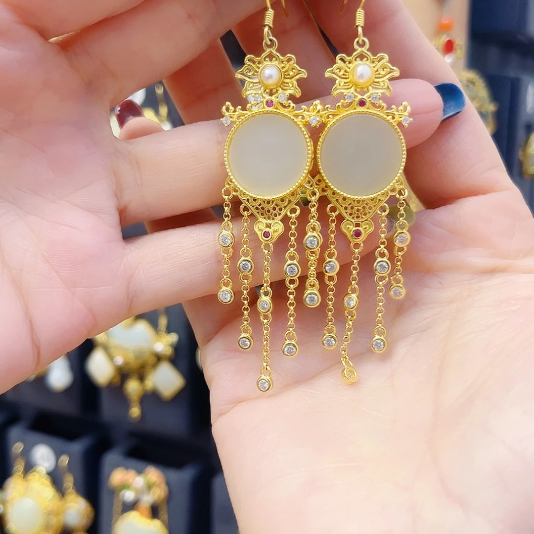 和田玉银S925镀金镶嵌耳饰