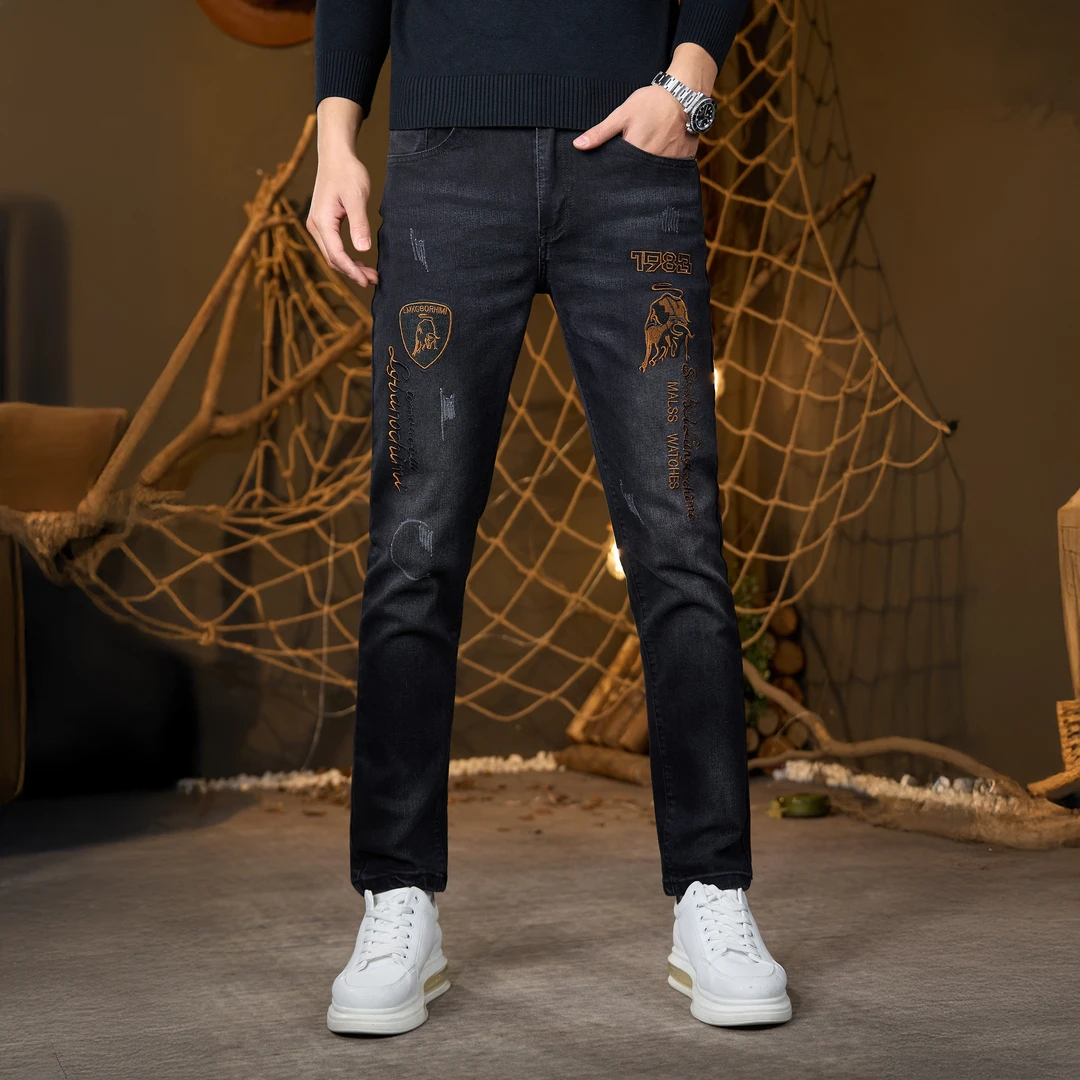 欧品正版秋季新款潮牌刺绣修身男士牛仔裤弹力百搭修身男小直筒裤