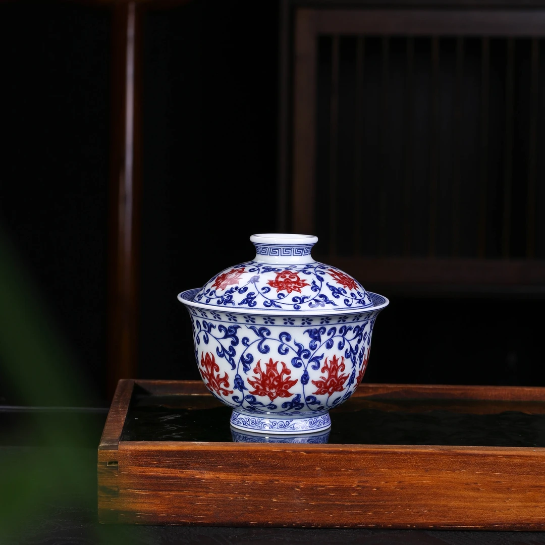 景德镇青花缠枝莲釉里红盖碗2025年新款可悬停160ml茶艺器具