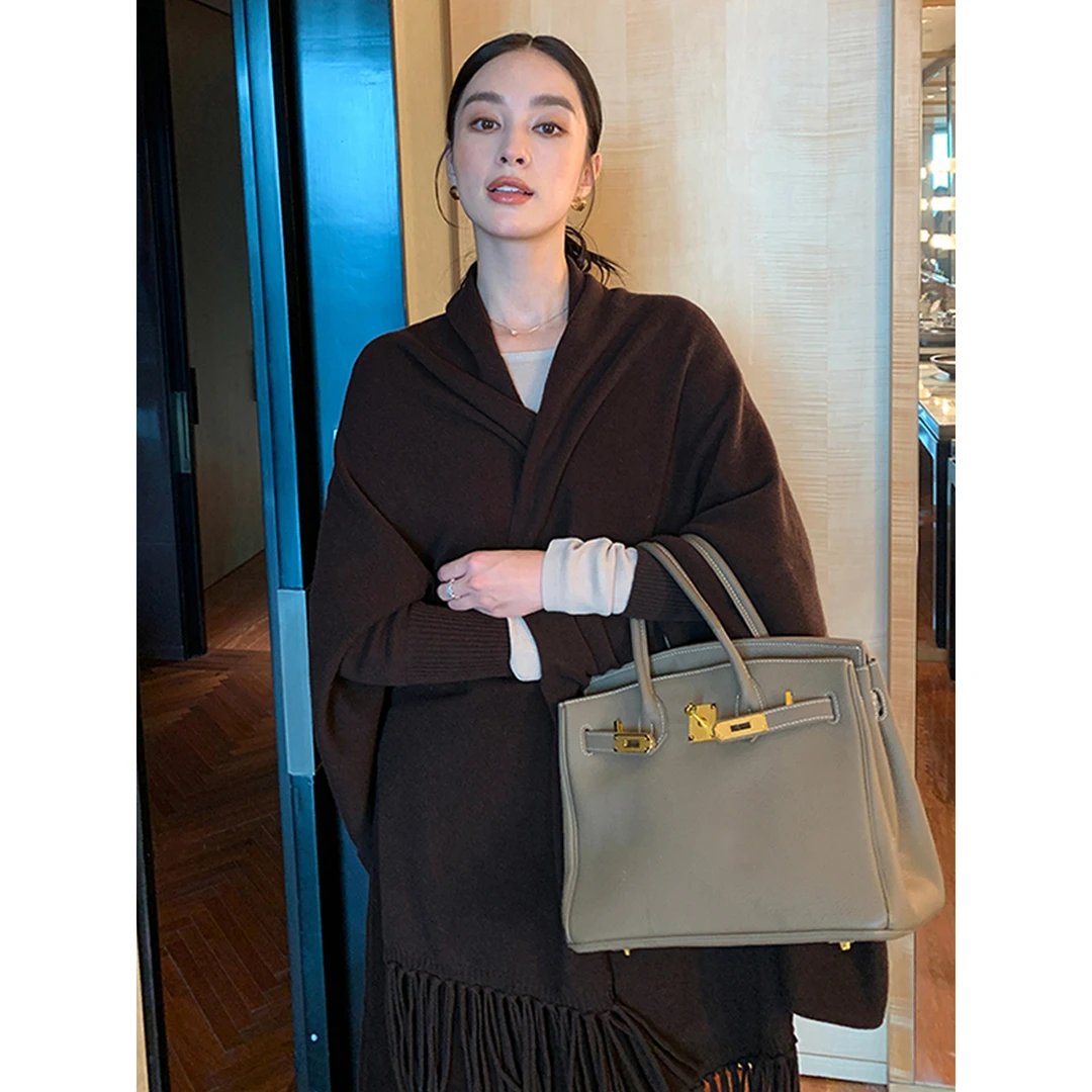 美拉德咖色流苏针织斗篷披肩女秋冬季高级感气质长袖开衫外搭上衣