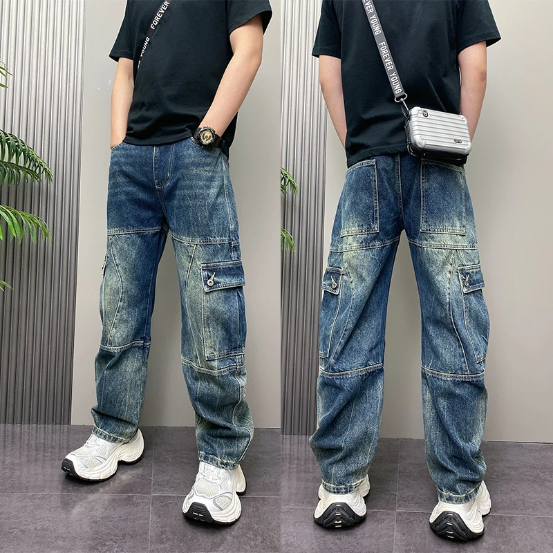 2025秋季美式工装多口袋牛仔裤男潮牌拼接渐变色怀旧弯刀直筒长裤