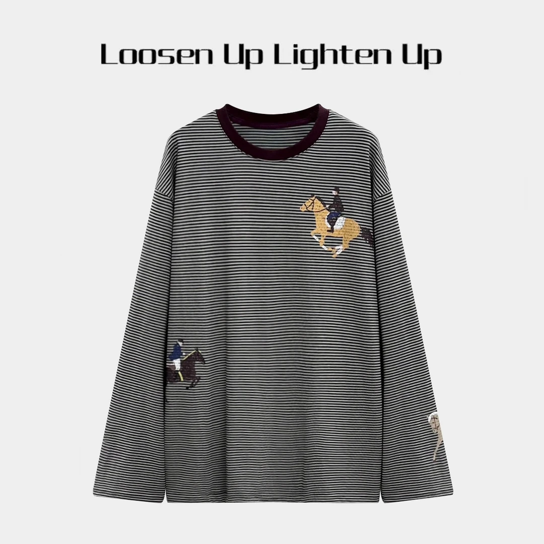 Loosen Up【小马条纹T】马术印花斑驳壁画感撞色宽松圆领长袖T恤