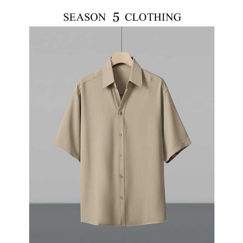 夏季休闲男士垂感丝滑冰丝衬衫高级感翻领新款宽松短袖衬衣薄款