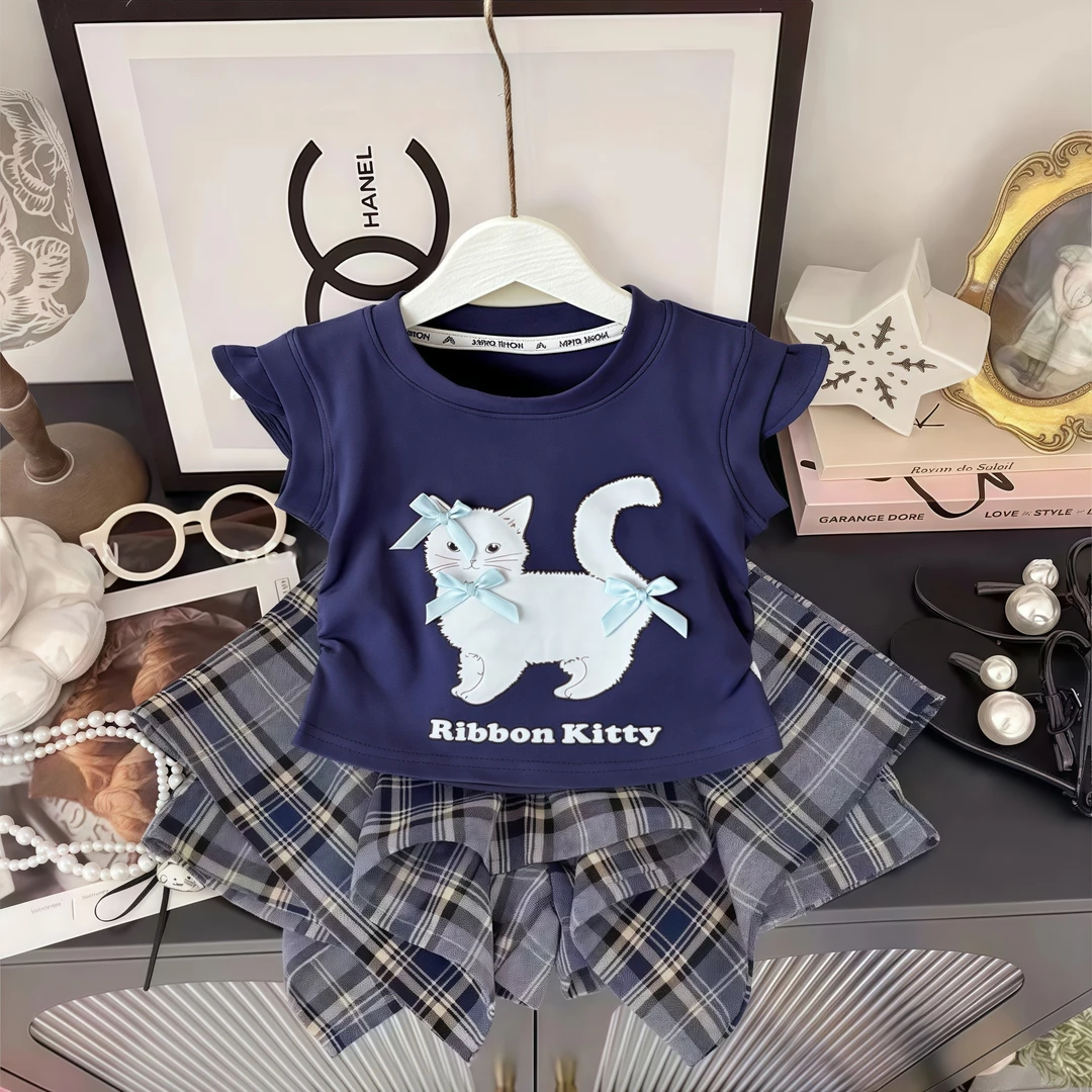 童装女童时髦套装2025新款夏季超好看女宝宝短袖T恤儿童格子裙裤