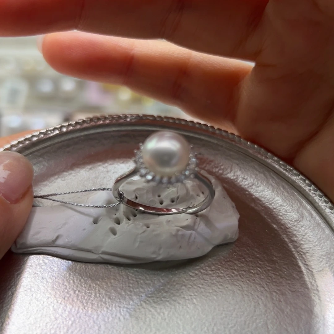 银S925镶嵌戒指海水珍珠8.7mm近正圆澳白太阳花