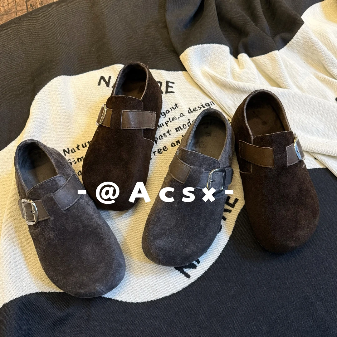 【阿茶】复古色调~跟高5CM /2025秋冬新款真皮加绒厚底增高勃肯鞋女