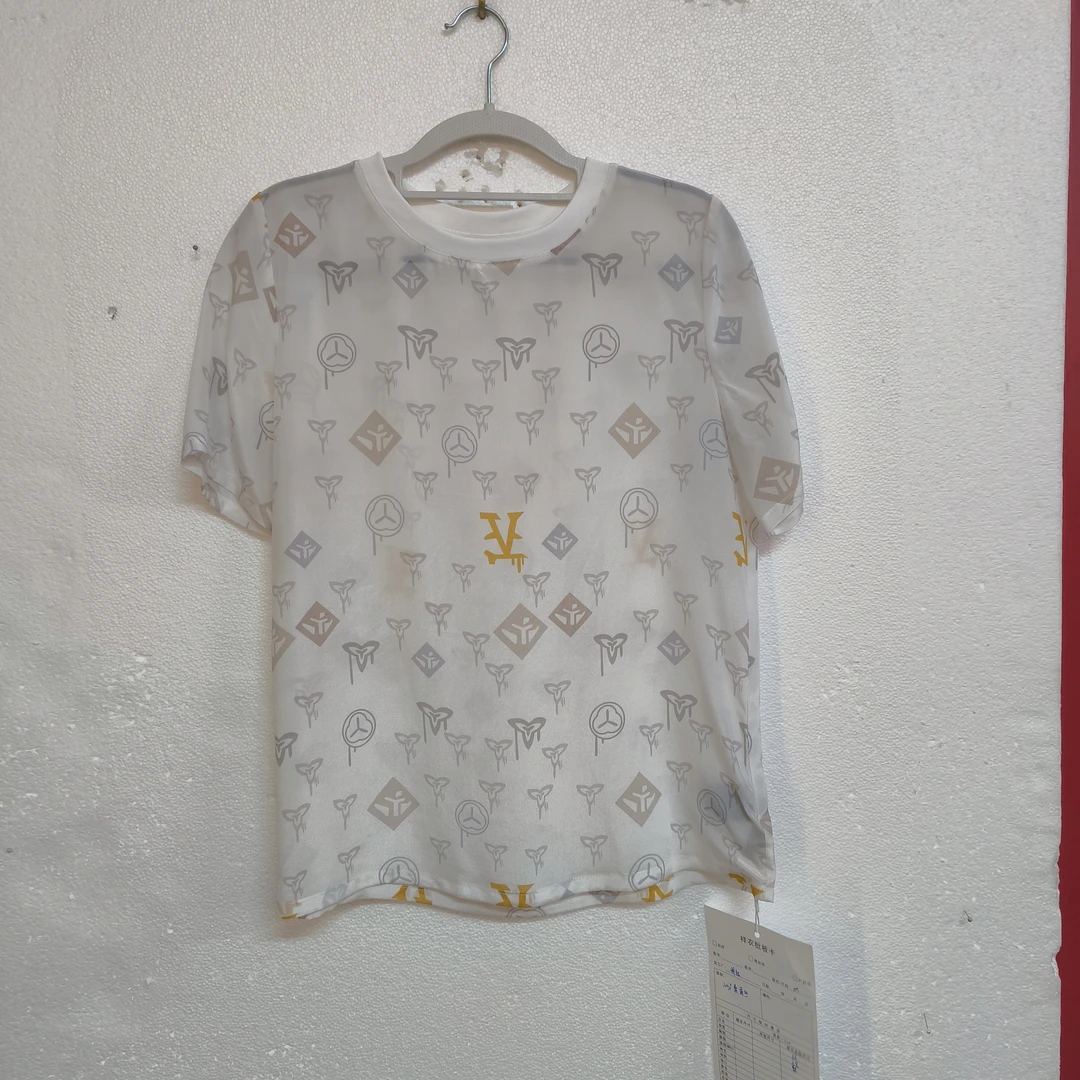 100桑蚕丝真丝双绉圆领V字母印花短袖上衣T恤125
