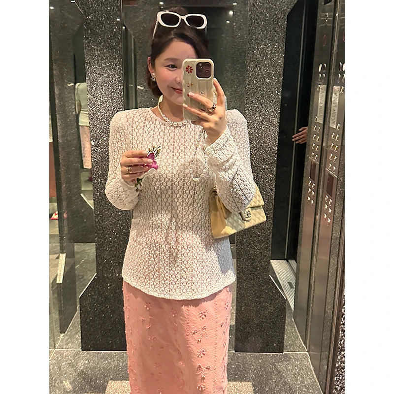 【DIS 清仓】【浮云月下】春季圆领百搭镂空蕾丝打底T恤Z525Y00443