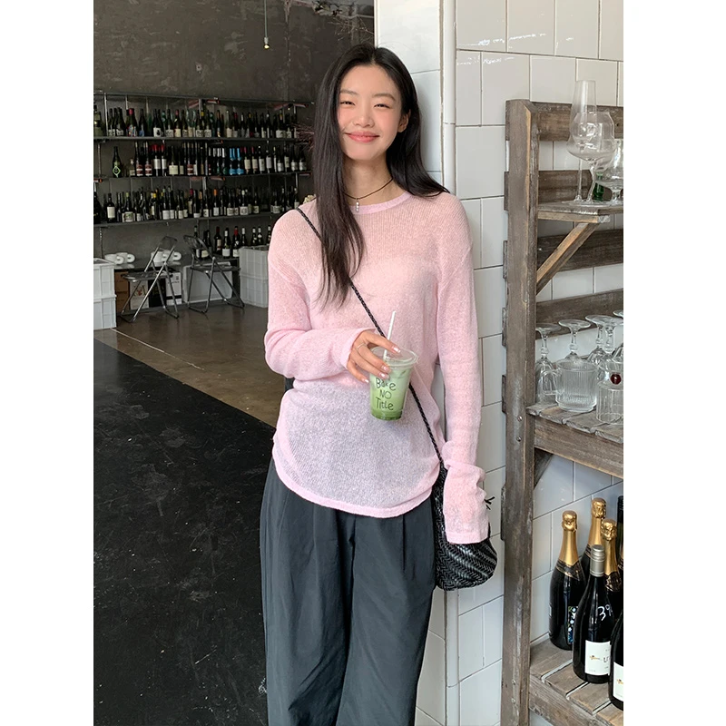 2025S/S『亚麻』设计感显瘦长袖休闲宽松圆领毛织上衣50223