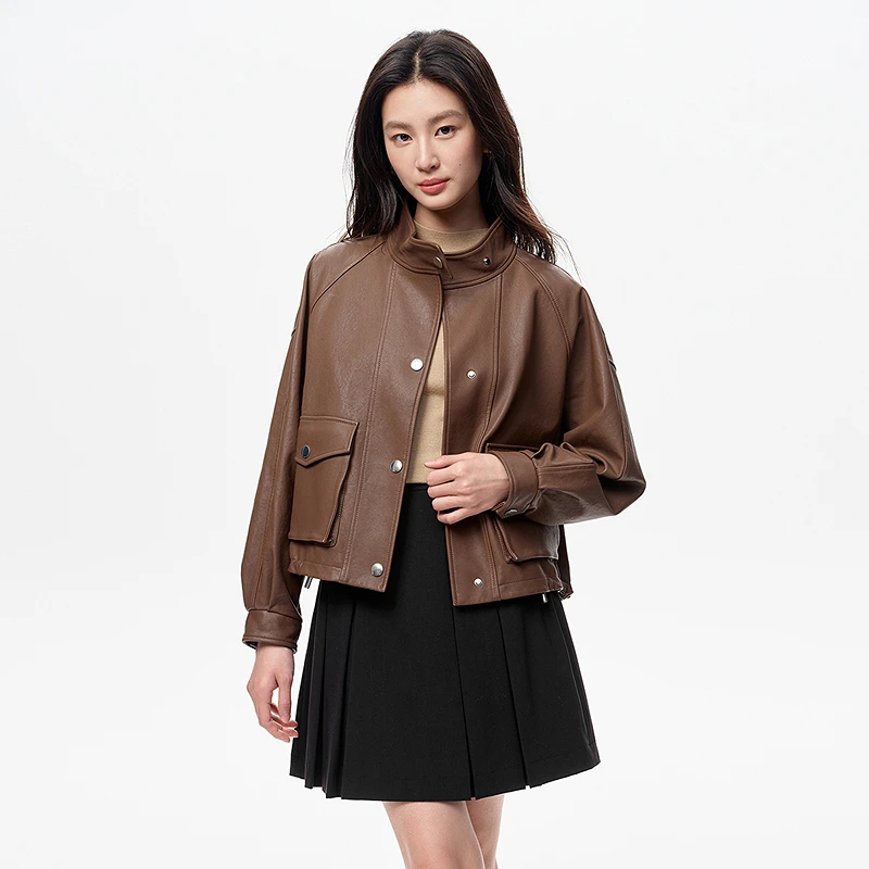 珂莱蒂尔美拉德时尚立领绵羊皮革短款真皮皮衣外套女KP00272E5