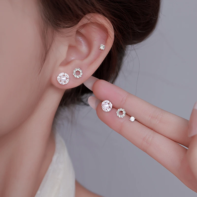 925银合成锆石耳饰 珠珠花朵套装耳钉精致百搭免摘耳环女气质耳饰