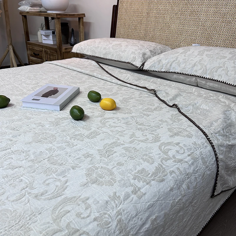 【樱花漫】提花色织加厚床单 多功能盖毯 棉麻凉席三件套