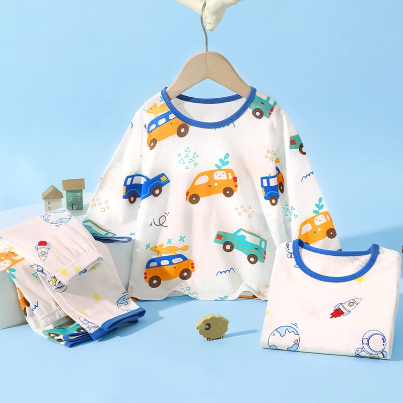 儿童睡衣夏季纯棉薄款男孩女孩空调服长袖长裤宝宝夏装家居服套装