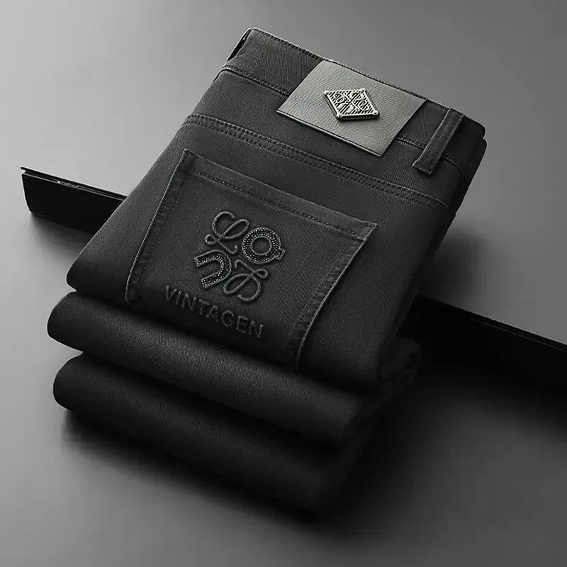 男士牛仔裤秋冬新款磨毛弹力轻奢商务休闲修身小直筒中腰长裤百搭