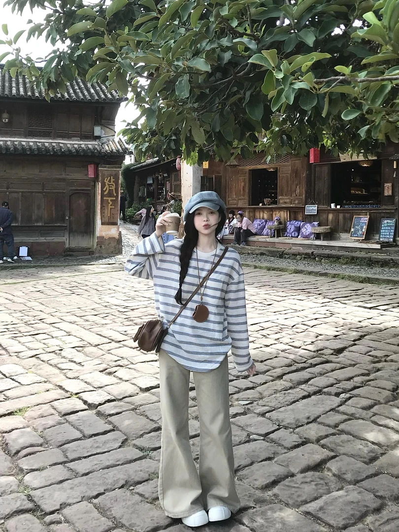 2025年初秋爆款圆领格纹长袖减龄上衣宽松显瘦气质阔腿裤两件套女