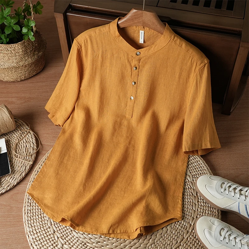 ICCLEK纯亚麻半袖衬衫男士T恤夏季新款新中式国风宽松套头上衣男