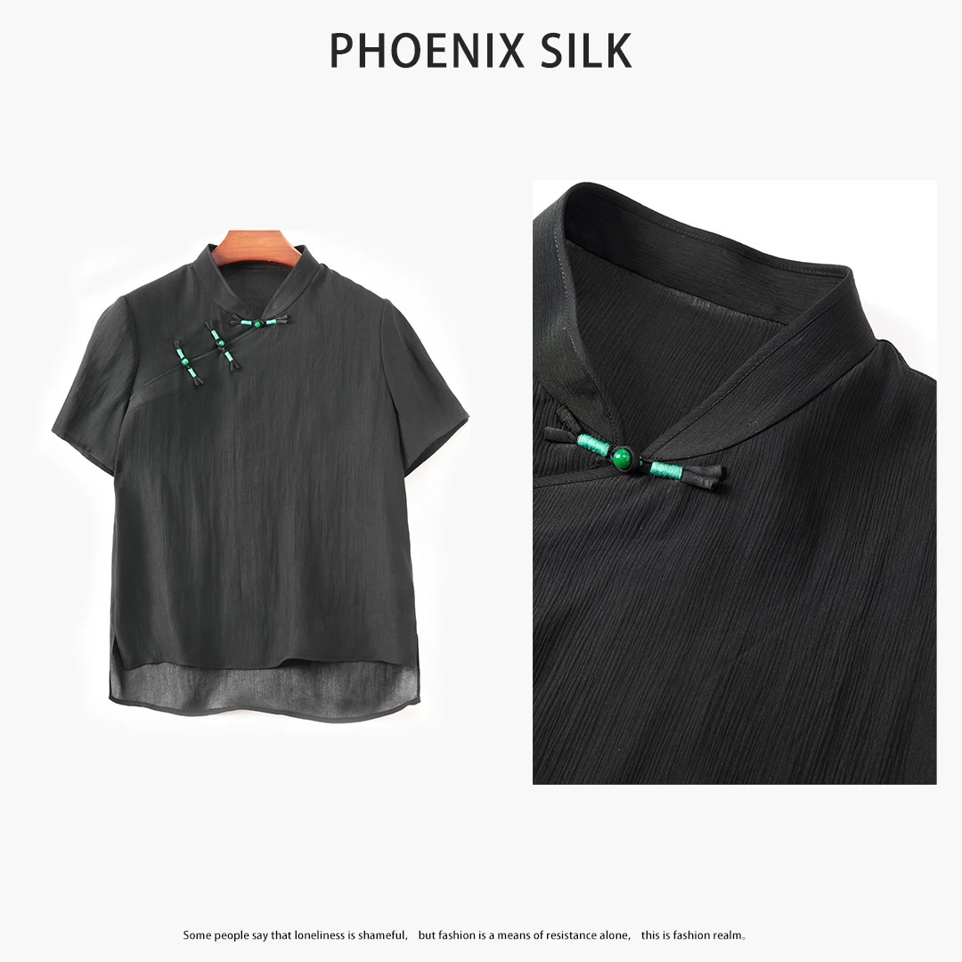 100%桑蚕丝红云纱顺纡绉国风高端女装新中式盘扣夏季宽松真丝T恤