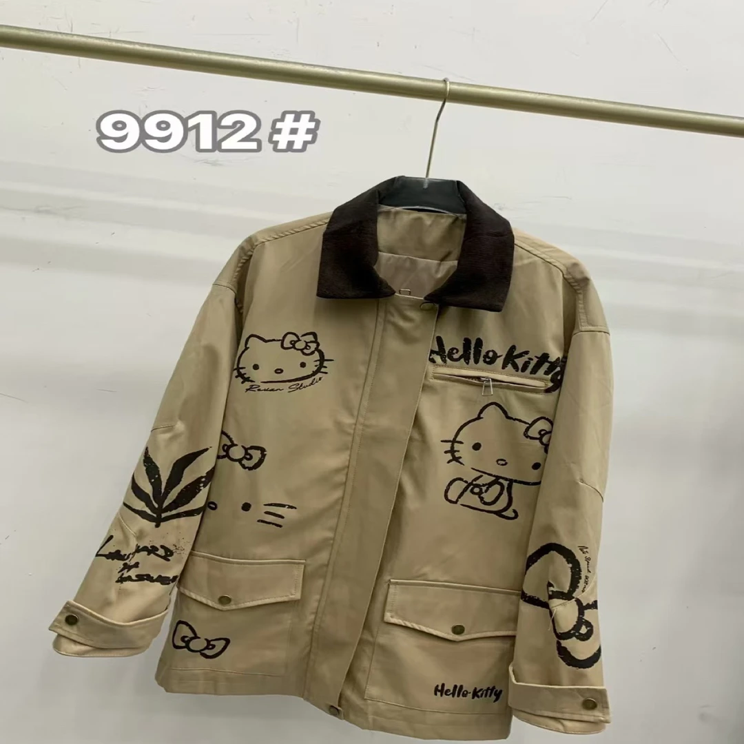 法式小众设计感灯芯领翻领卡通猫印花休闲宽松风衣外套