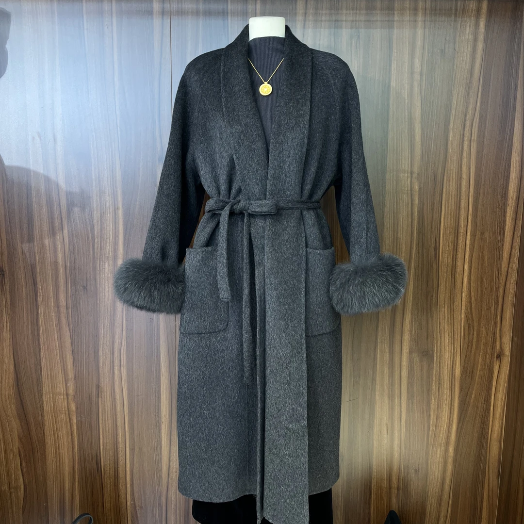 李园家1号店-2509-1-袖毛可拆卸浴袍双面羊毛大衣