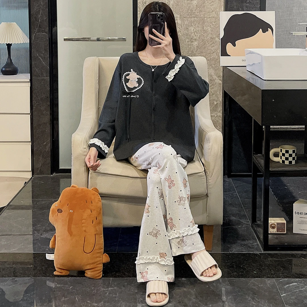 睡衣女春秋季精梳棉长袖大码2025新款可外穿趣味长耳兔套装家居服
