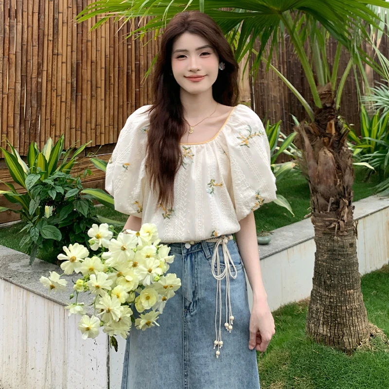 【双层不会透】慕兔法式复古温柔风提花设计感衬衫女方领泡泡袖上衣