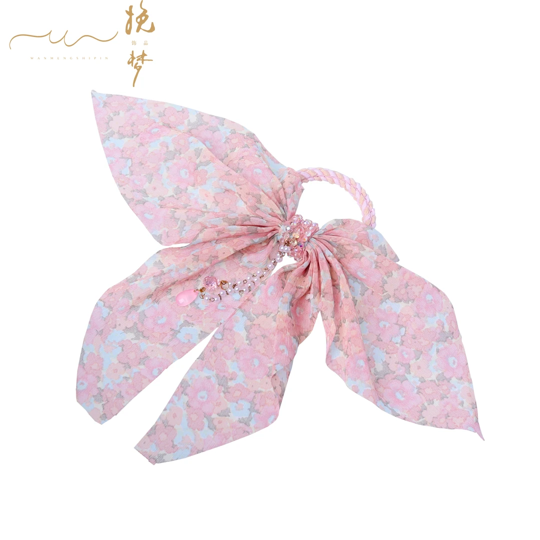 【半夏】系列精品水晶新款时尚百搭粉色蝴蝶结飘带流苏发绳发圈1749