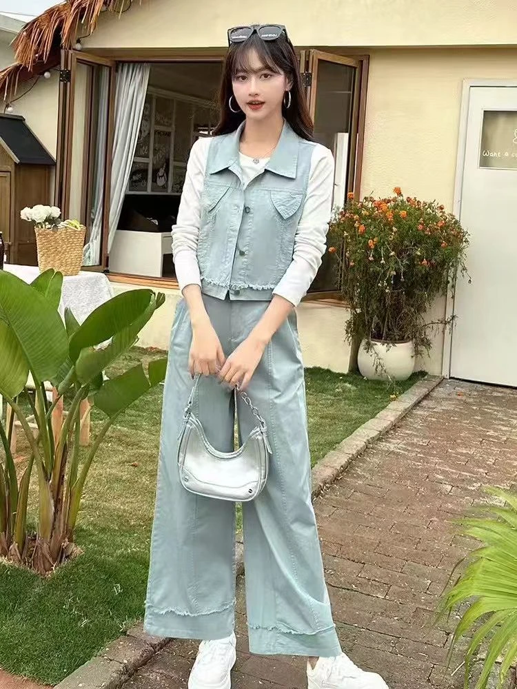 2025年春季新款宽松显瘦减龄时髦马甲三件套阔腿裤HJ-1666