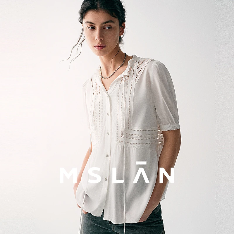 MSLAN夏新款设计感荷叶领打揽镂空短袖衬衫女MFBV1402