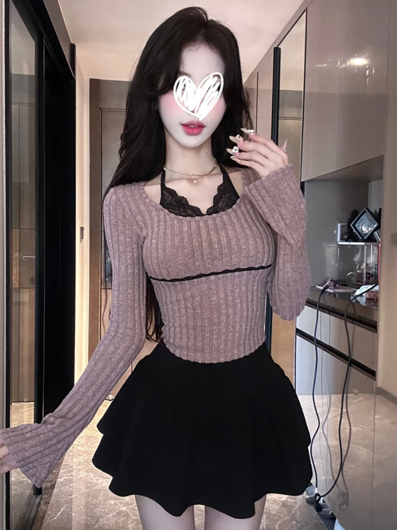 艺等2025秋季蕾丝拼接挂脖长袖纯欲百搭修身显瘦洋气小众女上衣潮