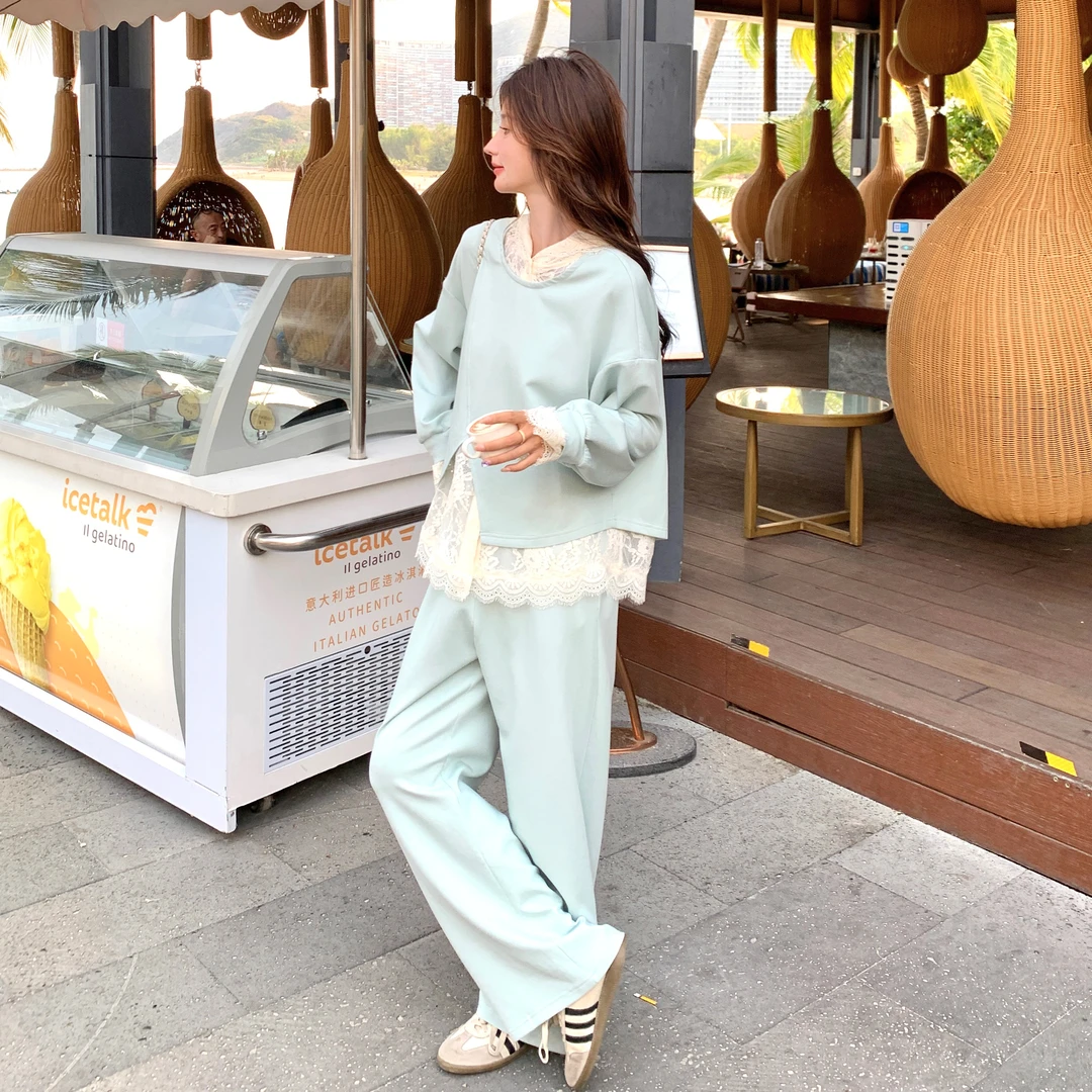 网红洋气炸街女装套装秋季2025新款蕾丝背心卫衣裤子慵懒风三件套
