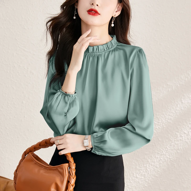 气质垂感半高领雪纺衫女2025早春新款长袖套头简约宽松薄上衣1608