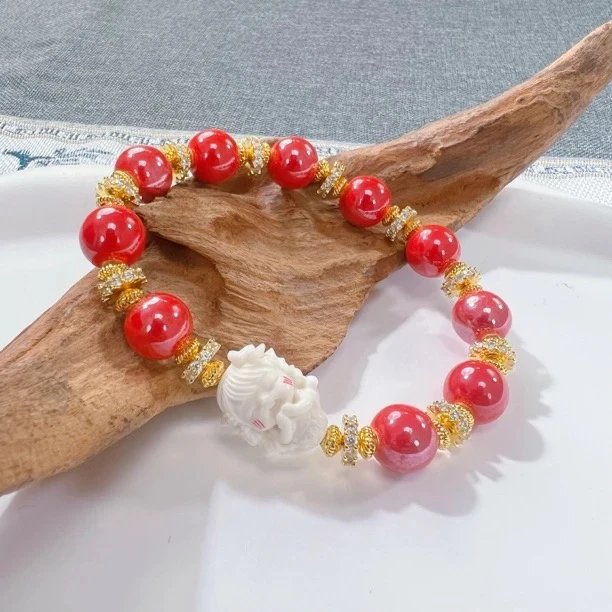 蛇年新款太岁手串红色珠光多彩瓷单圈珠链