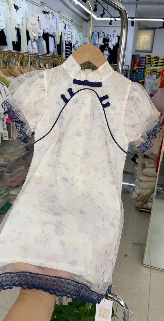 花朵夏季碎花B类卡通动漫旗袍蓝色双层痞帅国风