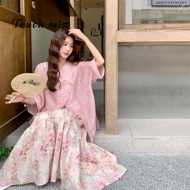 TOUCH MISS新中式国风粉色衬衫碎花半身裙套装女夏季甜美显瘦今年