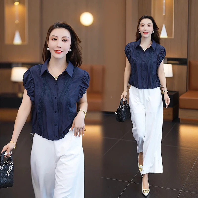 2025夏季时尚休闲减龄小众衬衫女POLO领短袖百搭显瘦蕾丝拼接上衣