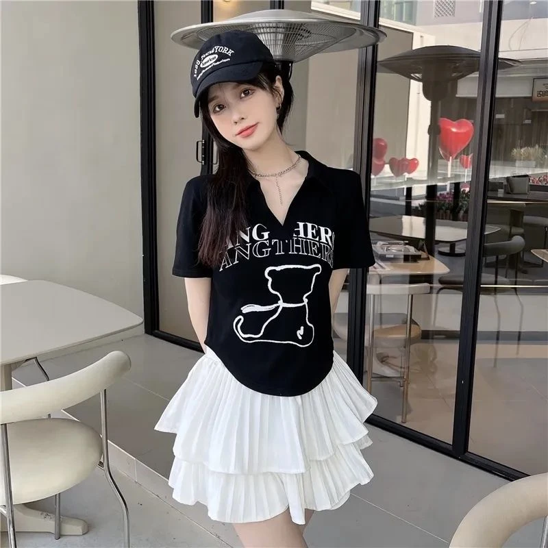 大码女装夏季新款美式辣妹polo领短袖t恤设计感小众弧形下摆上衣