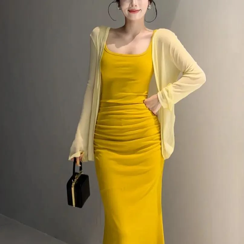 女士开衫长袖纯色+背心裙长裙气质套装夏季显瘦高弹力休闲时尚