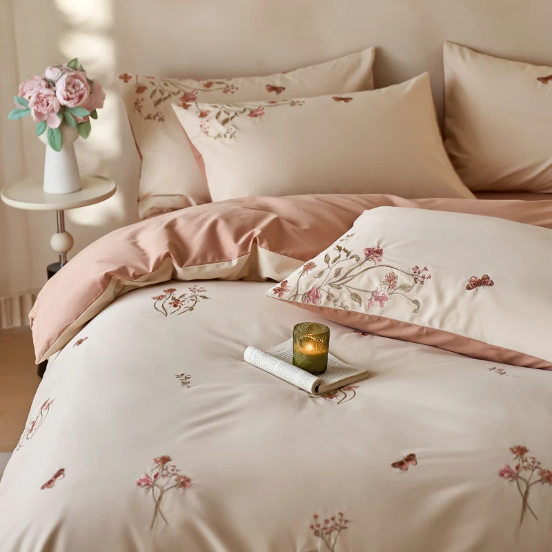 秋冬轻奢100支纯棉磨毛四件套加厚花卉刺绣亲肤被套床单床品床笠