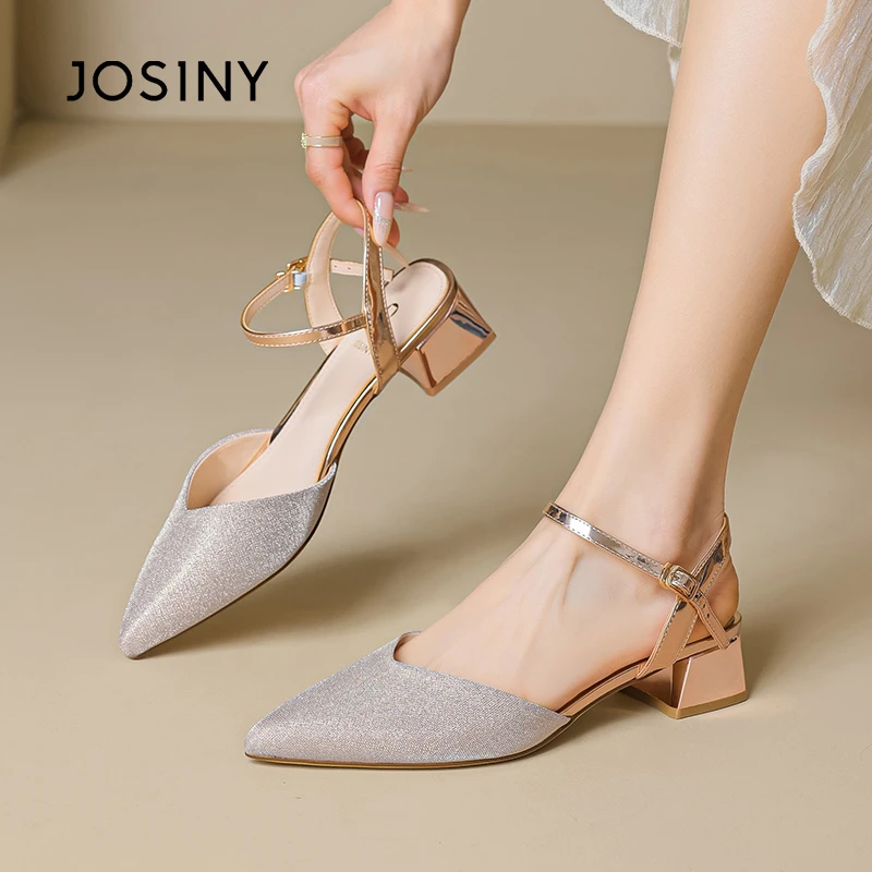 卓诗尼法式包头凉鞋女中跟2025春夏新款一字带尖头时尚高级感单鞋