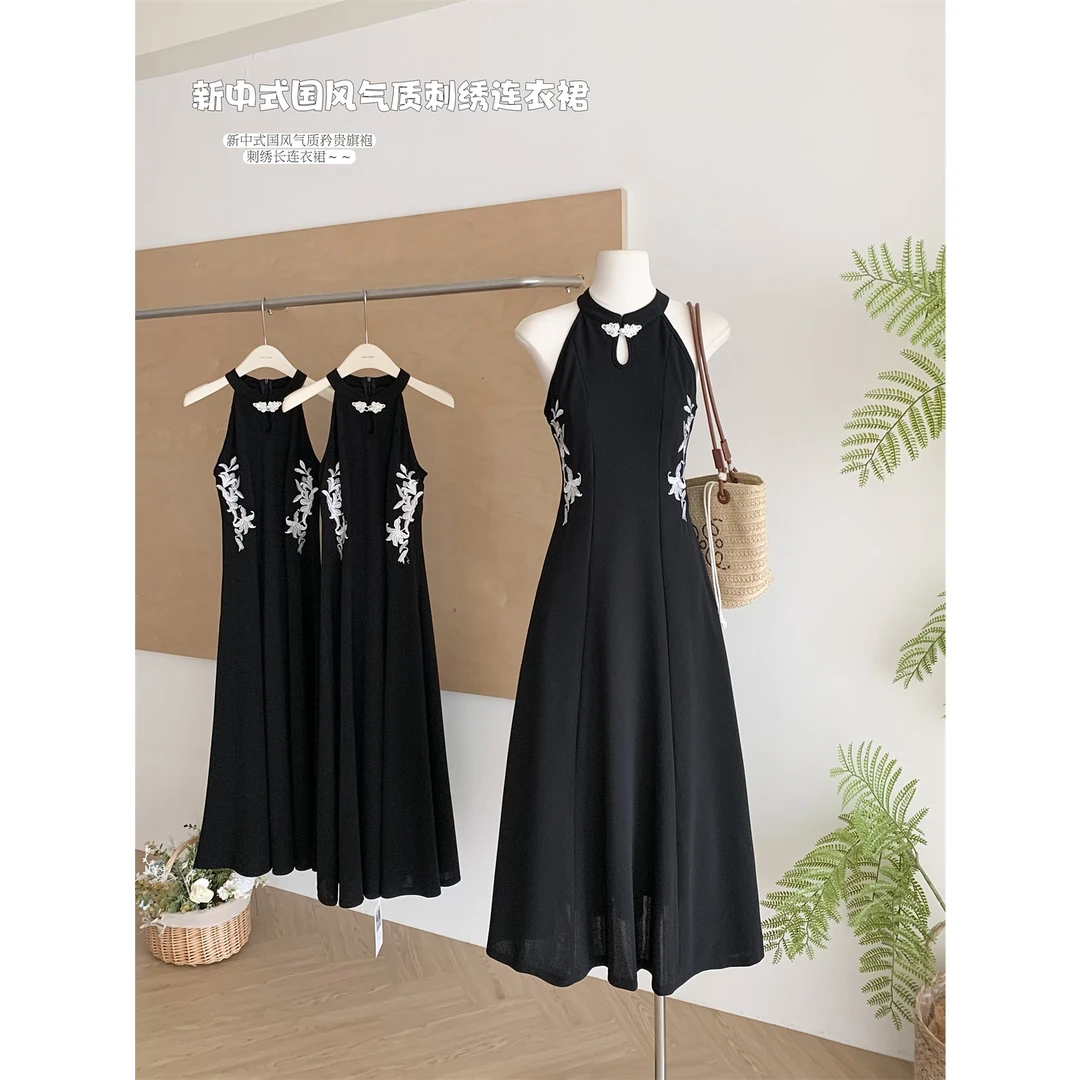 新中式国风E尧墨上花开气质矜贵旗袍连衣裙女夏刺绣长裙度假夏季