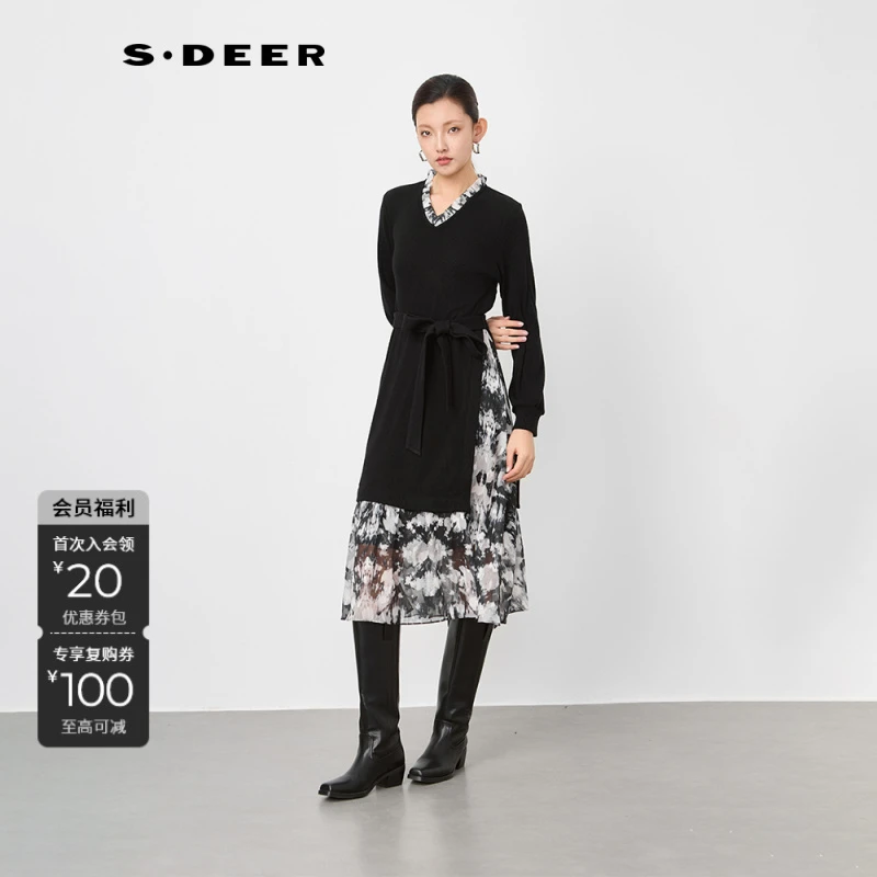 S·DEER圣迪奥秋冬蕾丝优雅气质轻奢时尚女士黑色连衣裙S244Z1285