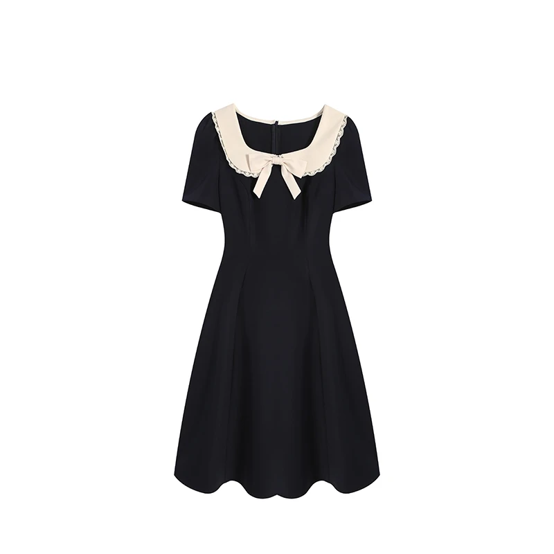 【五季家大码】减龄设计感时尚气质藏青色连衣裙黑色裙子ZL108930