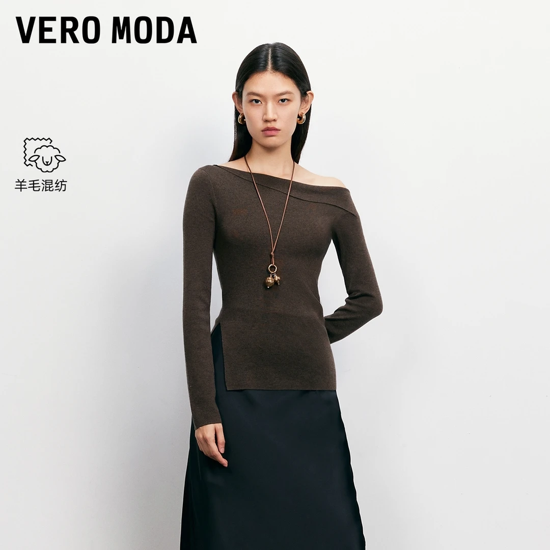 Vero Moda针织衫2025秋冬新款含绵羊毛斜领露肩修身上衣325424028